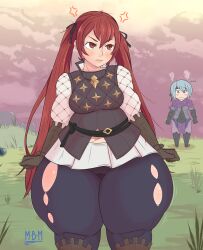 2girls alternate_version_available anger_vein angry ass_visible_through_thighs beruka_(fire_emblem) big_thighs blue_hair blush breasts curvy embarrassed fat_thighs female female_only fire_emblem fire_emblem_awakening fire_emblem_fates frown gloves grey_eyes huge_thighs large-thighs long_hair m-b-m massive_thighs medium_breasts motion_lines multiple_girls nintendo outdoors pants red_eyes red_hair revision scarf selena_(fire_emblem_fates) severa_(fire_emblem) short_hair solo_focus thick_thighs twintails very_long_hair voluptuous