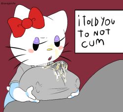 anthro breasts clothed_paizuri cum cum_on_face cum_through_clothes cumshot dialogue facial feline furry hello_kitty hello_kitty_(character) hello_kitty_(series) human human_on_anthro kitty_white large_breasts paizuri paizuri_under_clothes sanrio savagensfw text titfuck_under_clothes titjob