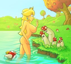 1girls 2013 ass big_breasts blue_eyes breasts busty cheep_cheep female from_side hi_res large_breasts legs lipstick long_hair mario_(series) mushroom nintendo nipples nude pink_lipstick princess princess_peach sideboob super_mario_bros. thighs titanslicer voluptuous water