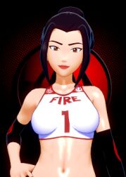 1girls 3d avatar_the_last_airbender azula breasts clothing evaan female female_only fully_clothed hand_on_hip koikatsu looking_at_viewer medium_breasts midriff navel smile solo sports_bra sportswear