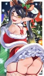 1girls ass black_hair bubble_butt callie_(alterna) callie_(splatoon) christmas christmas_outfit female fishnets inkling jtveemo light-skinned_female light_skin long_hair nintendo panties pointy_ears skindentation skirt smile solo splatoon splatoon_(series) squid_sisters tentacle_hair thighhighs very_high_resolution yellow_eyes