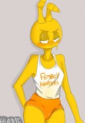 1boy blush femboy femboy_hooters male male_only orange orange_shorts solo tagme tagme_(artist) white_tank_top yellow yellow_crazy_ant