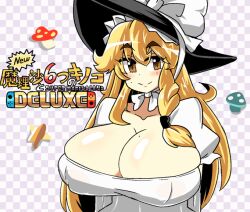 1girls big_breasts blonde_hair blush checkered_background cleavage hat invincible_marisa light-skinned_female mario_(series) marisa_kirisame mole_on_breast new_super_mario_bros._u_deluxe new_super_marisa_land nipple_bulge notnoe_(dxcl) smile touhou