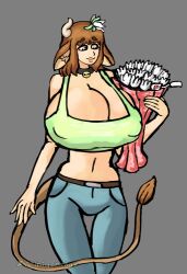 arms background bangs bell belt big_breasts blue_jeans bob_cut breasts brown_eyes brown_hair cleavage collar cow_ears cow_girl cow_horns cow_tail ears eyebrows eyebrows_visible_through_hair eyes flower flower_in_hair flowers green_tank_top grey_background hands heart horns huge_breasts jeans kemonomimi large_breasts lips liza_(fonkimonki) long_tail minigonchar sideboob tail tank_top tanktop tight_clothes tight_clothing twitter white_flower white_flowers