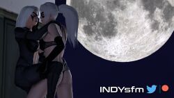 2girls 3d after_kiss against_wall ass back black_cat_(marvel) bodysuit bra breasts building choker city claws closed_eyes clothed clothing collar curvaceous eyeshadow felicia_hardy female female_focus female_only from_side full_moon gloves hand_on_hip hand_on_leg hand_on_thigh imminent_kiss indysfm latex latex_gloves leg_up lips marvel marvel_comics mascara mask moon moonlight panties puckered_lips rooftop selfcest sfm skyscraper source_filmmaker standing thighs thong underwear watermark white_hair yuri