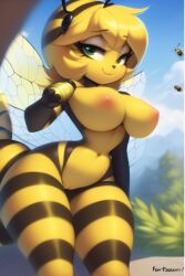 ai_generated bee bee_girl big_ass breasts cameltoe child_bearing_hips female grass green_eyes insect_wings large_breasts looking_at_viewer nipples nude pussy smile smirk solo solo_female solo_focus thick_thighs thin_waist two_tone_hair