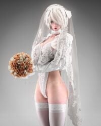 3d blue_eyes bride flowers hades_obsidian leotard lips long_legs nier:_automata robot_bride wedding_dress white_hair yorha_2b