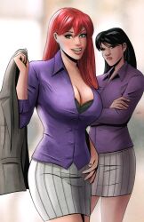 2girls big_breasts black_hair bra bra_peek breasts cleavage crossover curvy curvy_figure dc_comics female female_focus female_only full_cleavage ganworks green_eyes large_breasts light-skinned_female lois_lane lois_lane_(dcau) marvel marvel_comics mary_jane_watson office_lady pencil_skirt purple_shirt red_hair redhead smile spider-man_(series) superman_(series) tight_clothing wide_hips