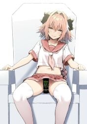 1boy astolfo_(fate) chair fate_(series) femboy heart-shaped_pupils looking_at_viewer monster monster_energy navel no_panties pink_eyes pink_hair school_uniform sitting skirt skirt_lift sky_(freedom) tagme thighhighs trap