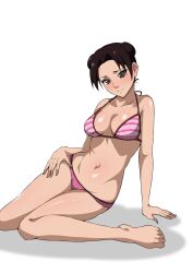 1girls arm_support barefoot bikini blush cleavage double_bun ear_blush embarrassed feet female female_only looking_at_viewer lying_on_side monyamonya78 naruto naruto_(series) naruto_shippuden nose_blush sitting solo solo_female solo_focus striped_bikini stripes swimsuit tenten twin_buns