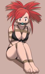 1girls arms_tied_behind_back ball_gag bikini black_bikini black_swimsuit blue_ball_gag bondage bondage breasts dankestofdans flannery_(pokemon) front-tie_bikini gag gagged large_breasts legs_tied looking_at_viewer nintendo pokemon pokemon_rse ponytail red_eyes red_hair rope rope_between_breasts rope_bondage shibari_over_clothes sitting swimsuit