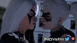 2girls 3d after_kiss against_wall black_cat_(marvel) bodysuit building city closed_eyes clothed clothing curvaceous eyeshadow felicia_hardy female female_focus female_only from_side gloves hand_on_face hand_on_head imminent_kiss indysfm latex latex_gloves lips marvel marvel_comics mascara mask moonlight puckered_lips rooftop selfcest sfm skyscraper source_filmmaker standing watermark white_hair yuri