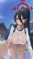 absurdres all_fours bare_legs bent_over black_hair black_wings blue_archive blue_sky blush bottle breasts collarbone covered_nipples cropped_legs female foreshortening giving gym_uniform hair_between_eyes halo hasumi_(blue_archive) hasumi_(gym_uniform)_(blue_archive) highres holding incoming_drink jacket justice_task_force_(blue_archive) large_breasts long_hair looking_at_viewer mole mole_under_eye nipples no_bra official_alternate_costume open_clothes open_jacket outdoors parted_lips ponytail puffy_nipples red_eyes see-through shirt sky solo stadium standing sweat trinity_general_school_student water_bottle wet wet_clothes wet_shirt white_shirt wings worried zeil