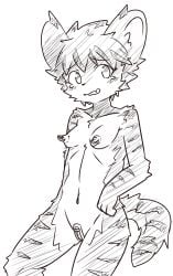 anthro breasts chastity chastity_device chastity_piercing felid female female_chastity hi_res kiukiu line_art mammal nipple_piercing nipples nude pantherine piercing small_breasts solo tiger