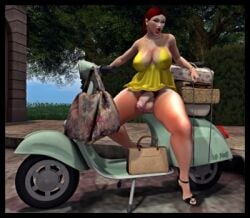 1futa 3d belt bottomless breasts casual clothed clothing dress futa_only futanari futarika human intersex lowres mostly_nude motorcycle pale_skin penis red_hair scooter solo spread_legs vehicle vespa_(vehicle)