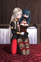 2girls blue_eyes bondage bound byleth_(fire_emblem) byleth_(fire_emblem)_(female) collar crotch_rope edelgard_von_hresvelg female female_only femdom femsub fire_emblem fire_emblem:_three_houses gag garreg_mach_monastery_uniform hi_res kneeling long_hair looking_at_another medium_hair multiple_girls nero-kun nintendo purple_eyes restrained rope rope_bondage story_at_source teal_hair tied tied_up white_hair yuri