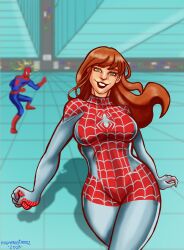 1boy 1girls 2018 big_breasts breasts brown_hair child_bearing_hips curvy curvy_female faceless_male female green_eyes hagarrastamnz human light-skinned_female lipstick long_hair male male/female married_woman marvel marvel_comics mary_jane_watson mature mature_female mature_woman milf mombod mother peter_parker smile spider-man spider-man_(series) spider_sense spinneret_(mary_jane_watson) straight_hair superhero superhero_costume superheroine tight_clothing voluptuous walking wall wide_hips wife