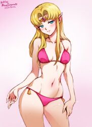 1girls a_link_between_worlds alternate_costume aqua_eyes artist_name bangs bare_shoulders bikini bimbo blonde_hair blue_eyes blush breasts circlet collarbone commentary cowboy_shot dated english_commentary female female_only gradient_background grin head_tilt jewelry lips looking_at_viewer medium_breasts minacream navel nintendo parted_bangs parted_lips pink_background pink_bikini pink_lips pink_swimsuit pointy_ears princess_zelda seductive seductive_look smile solo super_smash_bros. swimsuit the_legend_of_zelda the_legend_of_zelda:_a_link_between_worlds thighs zelda_(a_link_between_worlds)