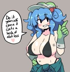 1girls big_breasts blue_hair blush breasts_out cleavage curvy_body gloves grey_background light-skinned_female looking_at_viewer nitori_kawashiro nono_(notnoe) notnoe_(dxcl) sideboob sweat text_bubble touhou twintails