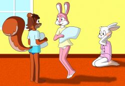 anthro ashburn_(adrian) bottomless clothed clothing erection erection_under_clothing female female/female genitals girly group hair hair_bun helene_(anon) hi_res kent_(charlesdragon) lagomorph leporid lucy_(lucyhaupdarsteller) lucyhaupdar male male/female mammal pajamas pillow pillow_fight pussy rabbit rodent sciurid sleepover tree_squirrel trio