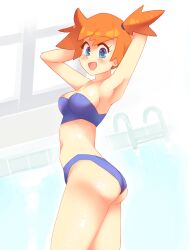 :d armpits arms_behind_head arms_up ass bare_arms bare_shoulders bikini blue_bikini breasts commentary cowboy_shot creatures_(company) english_commentary female game_freak kasumi_(pokemon) medium_breasts nintendo open_mouth orange_hair pinup_(style) pokemon pokemon_(anime) pokemon_(classic_anime) rei_no_pool rtil short_hair short_ponytail smile solo swimsuit that_pool thighs