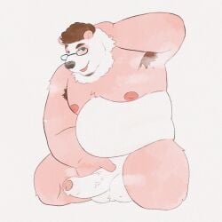 absurd_res anthro balls bear beard belly chubby_male eyewear facial_hair genitals glasses hi_res inkyflush kneeling male male/male mammal masturbation moobs musk musk_clouds musky_armpit musky_balls overweight overweight_male penis slightly_chubby solo transformation vein veiny_penis