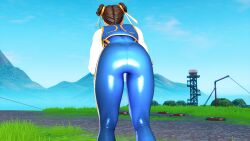 3d ass ass_focus big_ass big_butt brown_hair capcom chun-li chun-li_(fortnite) cowgirl_position dressed female female_only flexing fortnite fortnite:_battle_royale grass hugor34ya outdoors outside pov sky street_fighter strong_woman