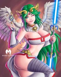 angel angel_wings ass boobs_and_butt_pose cleavage cosplay deity dual-bladed_lightsaber female female_only green_eyes green_hair kid_icarus lightsaber long_green_hair long_hair maurel_quinonez nintendo palutena solo star_wars star_wars_(cosplay) white_skin wink winking_at_viewer