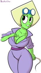 2021 black_eyes blonde_hair breasts cartoon_network chip_'n_dale_rescue_rangers cleavage cosplay davidsanchan disney gadget_hackwrench_(cosplay) gem_(species) goggles goggles_on_head green_skin peridot_(steven_universe) steven_universe thighs wide_hips