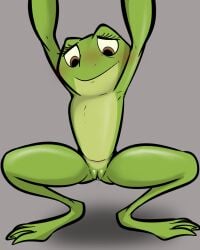 amphibian anthro blush disney disney_princess female flat_chested frog genitals hi_res illegaleel leaking leaking_pussy looking_down png princess_tiana pussy simple_background solo spread_legs spreading the_princess_and_the_frog