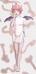 1boy barefoot ebola-chan femboy femboy_only genderswap_(ftm) looking_at_viewer no_teeth nurse nurse_uniform oerba_yun_fang pink_hair yellow_eyes