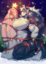 anthro balls big_balls big_penis bodily_fluids canid canine canis christmas cum genital_fluids genitals hi_res holidays huge_cock huge_pecs hyper hyper_genitalia hyper_penis leaking_cum looking_at_viewer male mammal muscular muscular_male orzero penetration penis solo urethral urethral_insertion vein veiny_muscles veiny_penis wolf