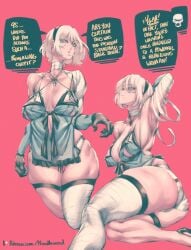 1girls android aroodnoodle ass blue_eyes breasts english english_text female female_only grey_hair hairband kaine_(nier)_(cosplay) legwear legwear_only nier nier:_automata nier_(series) noodlenood short_hair solo speech_bubble standing text thick_thighs thighs wide_hips yorha_2b yorha_9s