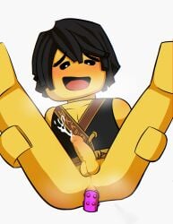 balls black_hair black_shirt blush blushing cock cole_(ninjago) cum cumshot dick dildo dildo_in_ass gay hands-free handsfree_ejaculation lego lego_anatomy male_focus mouth mouth_open ninjago orgasm penis spiked_dildo the_lego_ninjago_movie yellow_penis yellow_skin