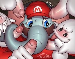 anthro balls blue_eyes blush clothed clothing elephant elephant_mario elephantid facial_hair gay genitals grey_body group hi_res male male/male male_only mammal mario_(series) moustache nintendo oral oral_penetration penetration penis proboscidean sex through_wall white_body zi_ran