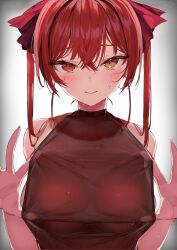 1girls big_breasts breasts embarrassed female hololive houshou_marine huge_breasts pomesaurus_(pomesubrus) pulling_clothing red_eyes red_hair see-through_clothing solo solo_female solo_focus stretched_clothing virtual_youtuber yellow_eyes