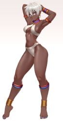 athletic athletic_female barefoot blue_eyes cheshirrr cleavage dark-skinned_female dark_skin elena_(street_fighter) jewelry long_legs looking_at_viewer perky_breasts short_hair street_fighter thick_thighs tribal white_hair