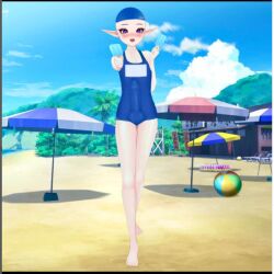 bald beach bulge bulge_through_clothing erection_under_swimsuit erection_under_swimwear one_piece_swimsuit powdur_(powdury) swimsuit