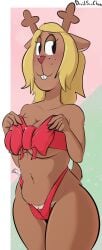 1girls 2020s 2022 2d 2d_(artwork) bikini black_eyes blonde_hair blush bow breasts brown_fur buckteeth christmas cleavage davidsanchan deltarune female female_only furry gift long_face medium_hair noelle_holiday red_bikini red_swimsuit reindeer simple_background solo solo_female swimsuit thick_thighs thighs undertale_(series)