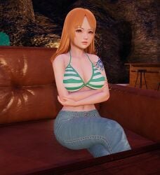 1girls 3d 3dcg big_breasts bikini_top bikini_top_only female female_focus female_only honey_select honey_select_2 huge_breasts jeans kazuki-chan long_hair nami one_piece orange_hair post-timeskip realistic sitting solo tavern