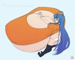 1girls alternate_version_available blue_hair breasts_bigger_than_head breasts_bigger_than_torso dotintheparadox enormous_breasts gigantic_breasts huge_breasts hyper hyper_breasts konata_izumi looking_at_viewer looking_back lucky_star massive_breasts panties sapsavana smug tagme talking talking_to_viewer