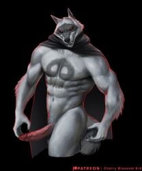 2023 anthro balls black_background black_nose canid canine canis cherry_blossom_kid cloak clothing death_(puss_in_boots) digital_media_(artwork) fur genitals grey_body grey_fur hi_res humanoid_genitalia humanoid_penis male male_only mammal muscular muscular_anthro muscular_male penis puss_in_boots_the_last_wish red_eyes simple_background solo wolf