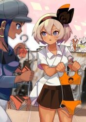 2girls bea_(pokemon) bikini black_hair blue_eyes blue_shirt breasts brown_skirt casual casual_clothes clothes_hanger clothing_rack clothing_store collared_shirt earclip earrings eyeliner eyeshadow grey_eyes grey_hair gym_leader hairband hat hoop_earrings jeans katwo medium_breasts nessa_(pokemon) nintendo off_shoulder one-piece_swimsuit orange_bikini orange_swimsuit pokemon pokemon_ss shirt shopping short_hair shoulder_bag side-tie_bikini side-tie_swimsuit sirfetch'd skirt slingshot_swimsuit store swimsuit tile_floor white_shirt