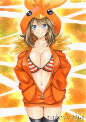 1girls animal_hoodie bikini blue_eyes breasts brown_hair cosplay hand_in_pocket hoodie large_breasts looking_at_viewer may_(pokemon) may_(pokemon_oras) midriff navel nintendo orange_hoodie orange_theme pokemon pokemon_(cosplay) pokemon_oras short_hair smiling smiling_at_viewer striped_bikini striped_swimsuit swimsuit takecha thighhighs torchic_(cosplay) zipper zipper_pull_tab