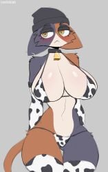 2023 2d anthro artist_name big_breasts bikini bikini_bottom bikini_top blue_fur blush breasts brown_fur cooliehigh cow_print cow_print_bikini cowbell cowkini digital_media_(artwork) epic_games feline female female_only fortnite furry furry_female furry_only grey_background hat meow_skulls_(fortnite) solo standing tagme tail thick_thighs tuft white_body white_sclera yellow_eyes