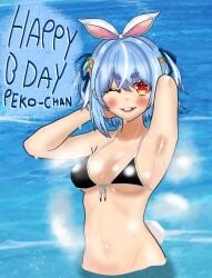 animal_ears armpit armpit_crease armpits arms_behind_head arms_up average_breasts bangs bathing beach bikini bikini_top birthday black_bikini black_bikini_top blue_hair blush breasts buck_tooth buckteeth bunny_ear bunny_ears bunny_girl bunny_tail bunnygirl carrot carrot_hair_ornament eddarxart english_text food_themed_hair_ornament happy_birthday hololive hololive_fantasy hololive_japan in_water looking_at_viewer navel navel_piercing ocean partially_submerged piercing pose rabbit_ears rabbit_girl rabbit_tail red_eyes sea sexy_armpits small_eyebrows stomach submerged_legs swimsuit swimsuit_top tail text thick_eyebrows two_tone_hair usada_pekora virtual_youtuber vtuber white_hair