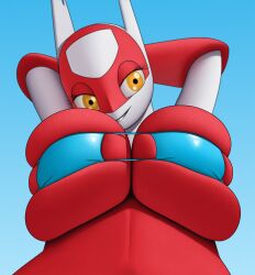 2022 anthro big_breasts bikini bikini_top breasts clothing creatiffy dragon eyepatch_bikini female generation_3_pokemon hands_behind_head hi_res latias legendary_pokemon looking_at_viewer nintendo pokémon_(species) pokemon pokemon_(species) red_body solo swimwear yellow_eyes