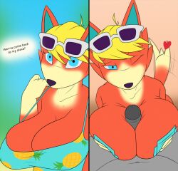 animal_crossing anthro audie_(animal_crossing) big_breasts blue_eyes breast_play breasts creatiffy dialogue duo female heart hi_res looking_at_viewer male male_pov nintendo paizuri sex titjob