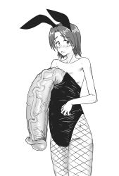 1futa bent_penis bunny_girl clothed clothing flaccid flat_chest futa_only futa_sans_balls futanari huge_cock human hyper hyper_penis monochrome mostly_clothed penis penis_bigger_than_body penis_longer_than_knee ppopopere sapsavana shinisou-nakoorogi short_hair solo standing