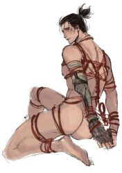 arms_behind_back arms_tied arms_tied_behind_back ass black_hair blush bondage bound colored_sketch embarrassed fromsoftware full_body hajizomenoise looking_back male male_only nude ponytail prosthetic prosthetic_arm rear_view rope rope_bondage sekiro sekiro:_shadows_die_twice sketch solo stubble tied_hair